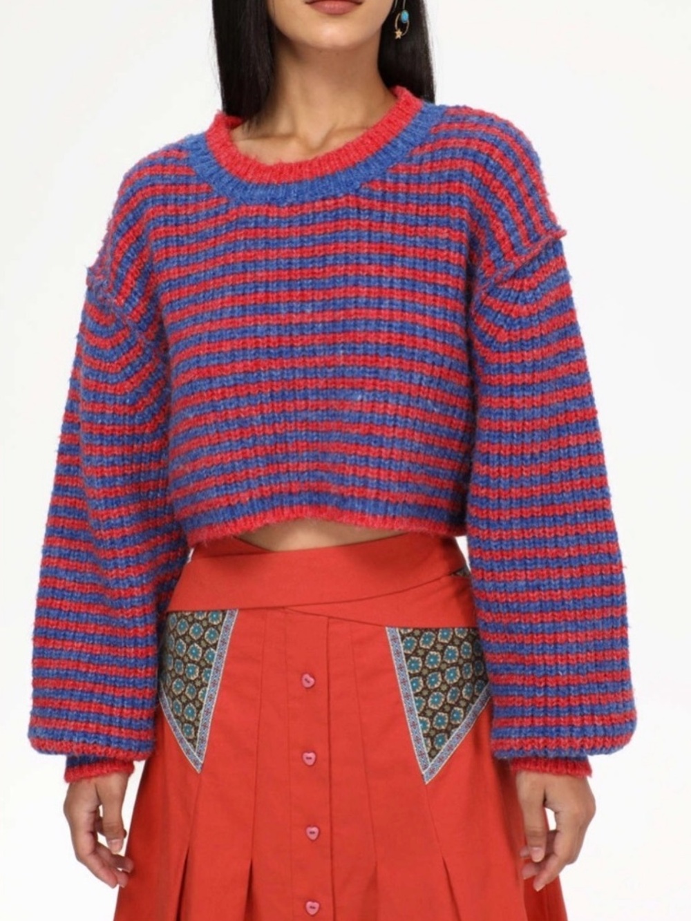 Zara Blue Red Striped Cropped Knit Sweater Balloon Sleeve Y2K Boho S